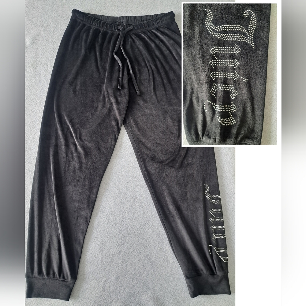 Juicy Couture Black Velour Lounge Pants With Rhinestone Logo